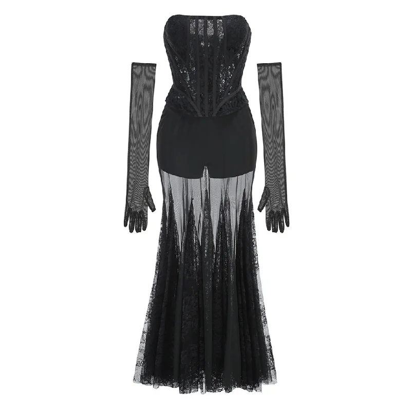 Flash Deals structured dressSexy Lace Up Strapless Corset Opera Glove Lace Godet Mesh Pant Matching Set