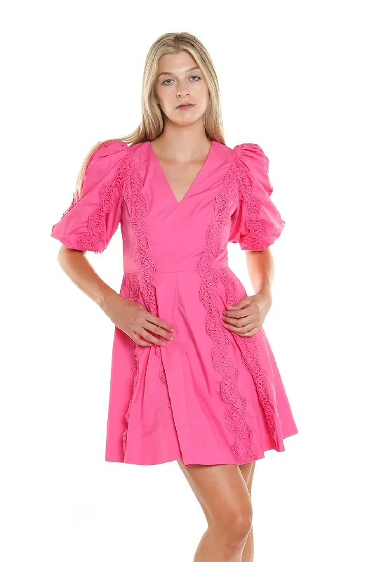Deal Explosion trendy dressShort V Neck Lace Trim Puff Shoulder Dress