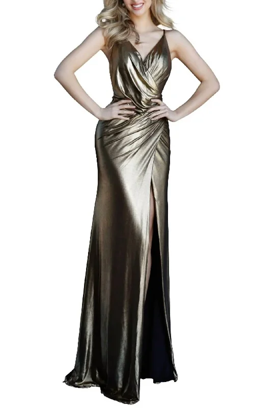 Final Clearance party dressRuched Evening Gown In Gold