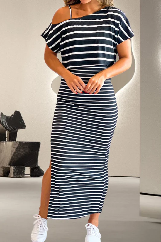 Price Blitz chic dressSlit Striped Short Sleeve Dress