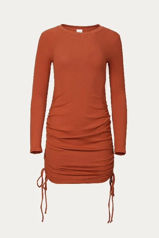 Price Reduction chic slip dressRuched Ribbed Stretch-Modal Mini Dress In Rust
