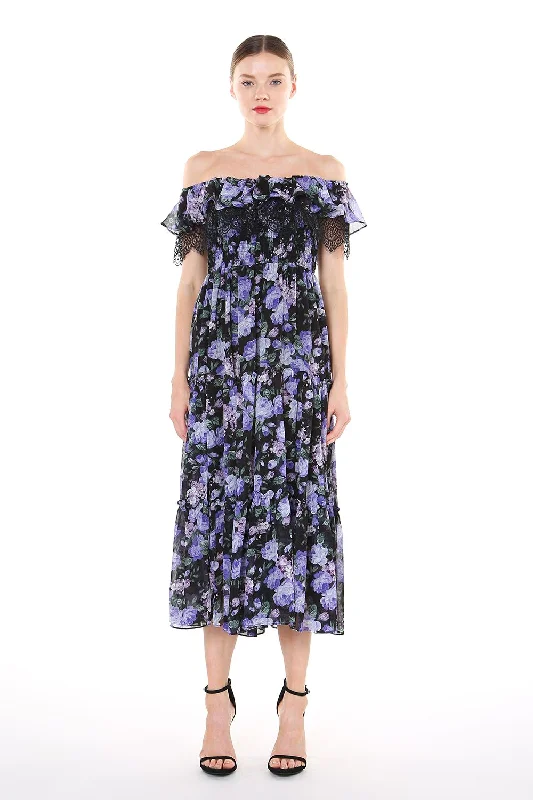 Massive Deals pleated dressOff Shoulder Floral Lace Trim Midi Dress