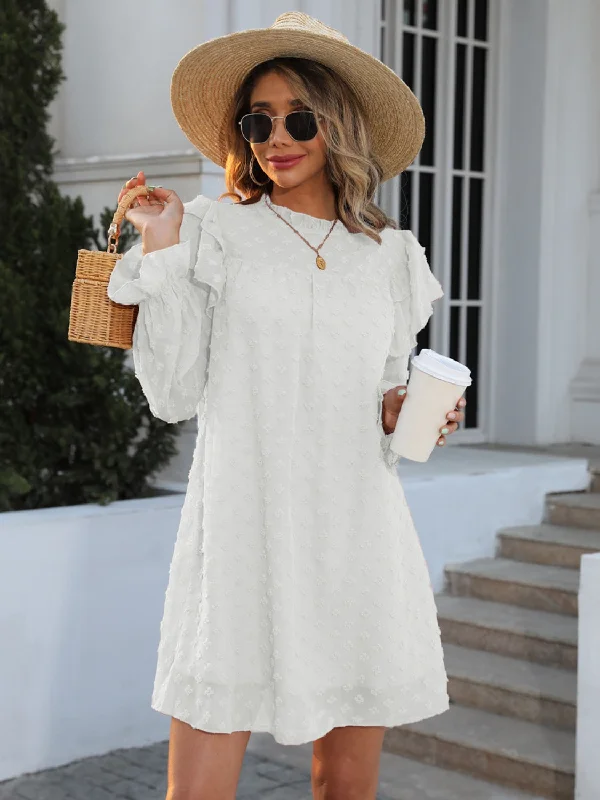 Bargain Prices layered dressSwiss Dot Mock Neck Flounce Sleeve Dress