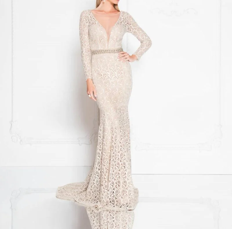 Shop and Save party dressLong Sleeves Lace Gown In Champagne