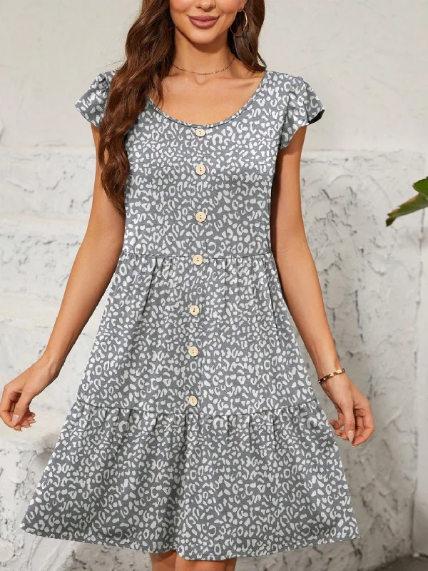 Clearance Sale cocktail party dressLeopard Round Neck Cap Sleeve Mini Dress