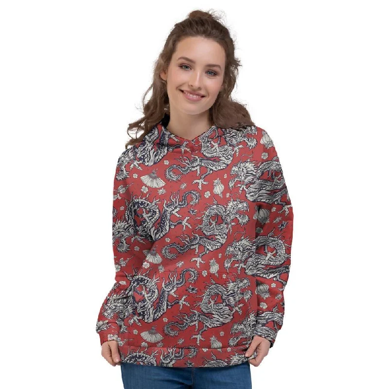 Steals and Deals Red Chinese Dragon Floral Print Women's Hoodie