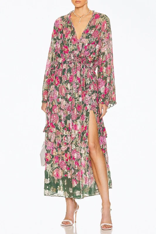 Lowest Prices form-fitting dressSabi Ruffled Chiffon Kaftan Maxi Dress In Pine Green