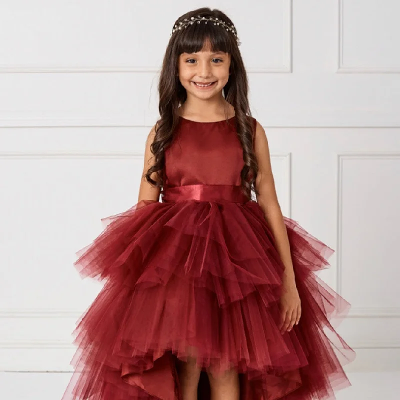 Deep Discounts elegant dressBurgundy Satin Belted High Low Dress