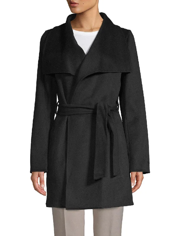 Deal Zone warm fleece jacketT Tahari Women's Black Lightweight Wool Ella Wrap Coat Jacket Outerwear