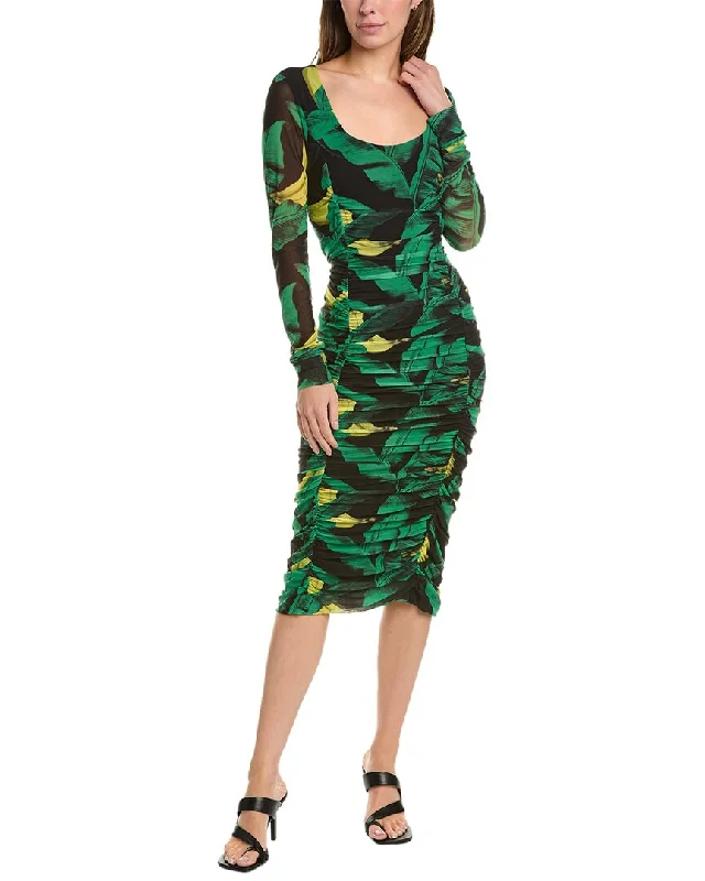 Online Specials comfy dressGANNI Printed Mesh U-Neck Gathered Panel Midi Dress