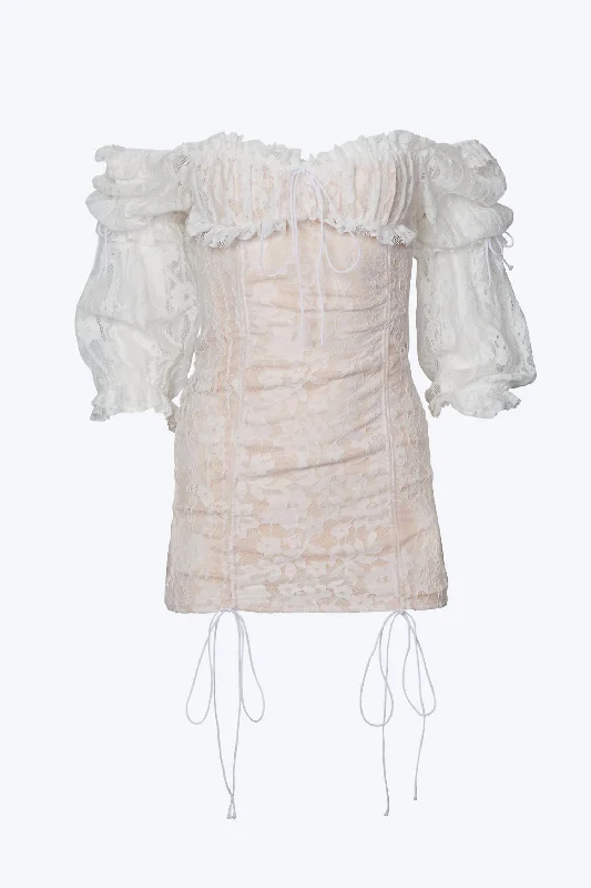 Epic Deals trendy mini dressVintage Ruched Lace Tulle Mini Dress In White