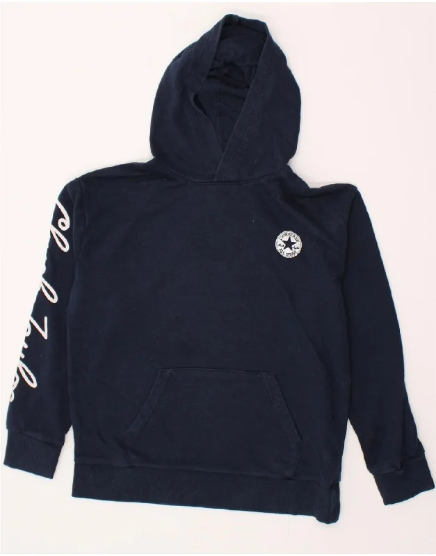 Quick Sale CONVERSE Boys Graphic Hoodie Jumper 12-13 Years Large Navy Blue Cotton