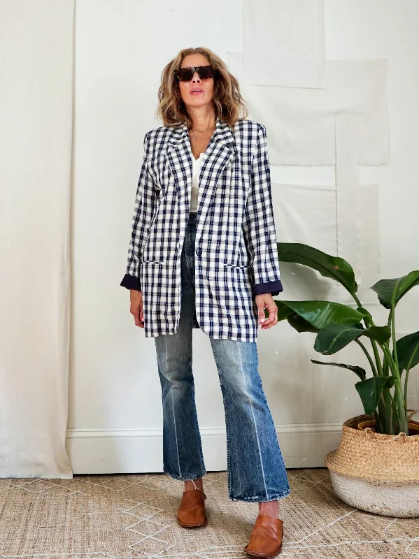 Time-Limited Offer pullover jacketVintage Navy Windowpane Plaid Blazer