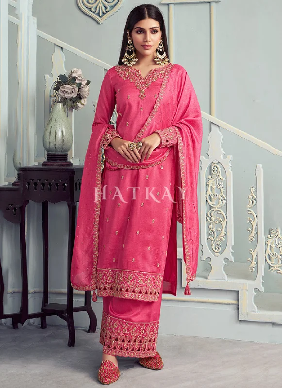 Final Clearance party dressDeep Pink Embroidery Festive Palazzo Suit