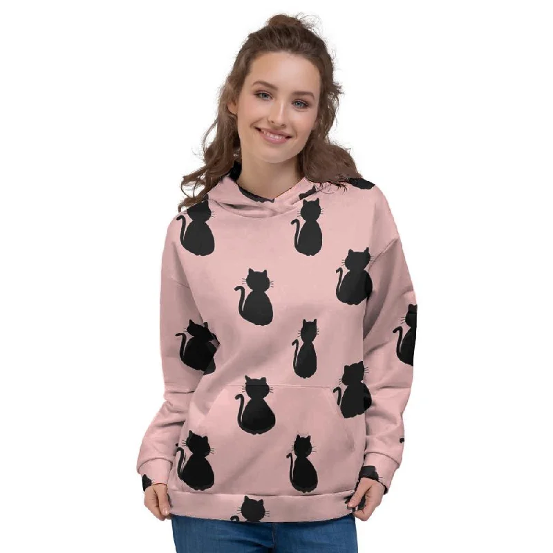 Stock Clearance Pink Silhouette Cat Print Women's Hoodie