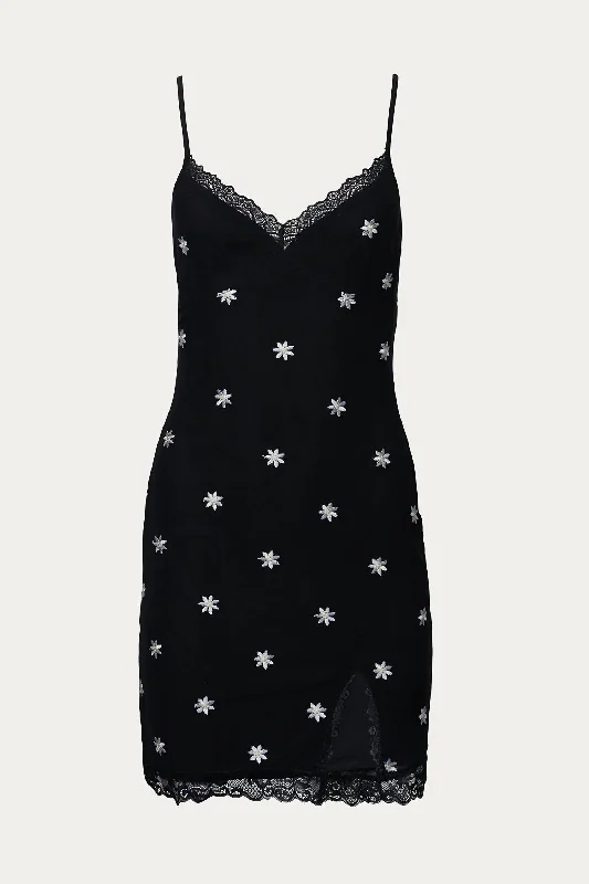Clearance Event stylish party dressFloral-Embroidered Stretch-Mesh Mini Dress In Black