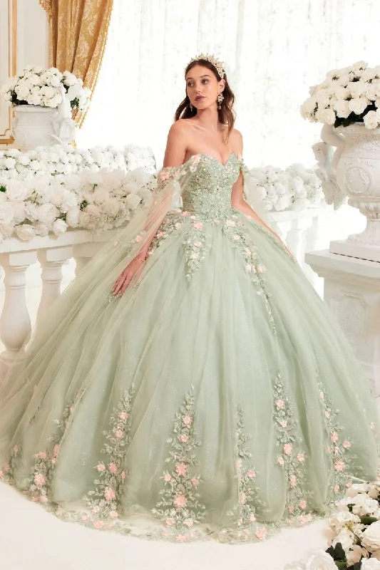 New Arrival velvet dressCinderella Divine 15716 Long Floral Applique Quinceanera Ball Gown