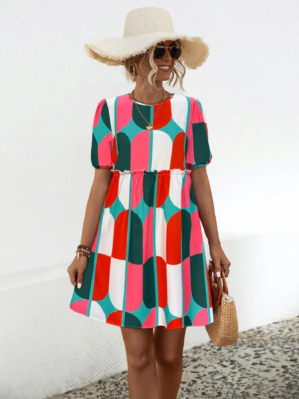 Seasonal Clearance winter dressGeometric Frill Round Neck Short Sleeve Dress