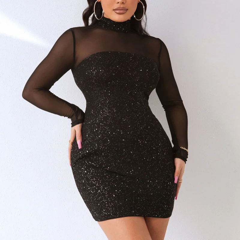 Sneak Peek Sale fitted dressSequin Mock Neck Mesh Dress