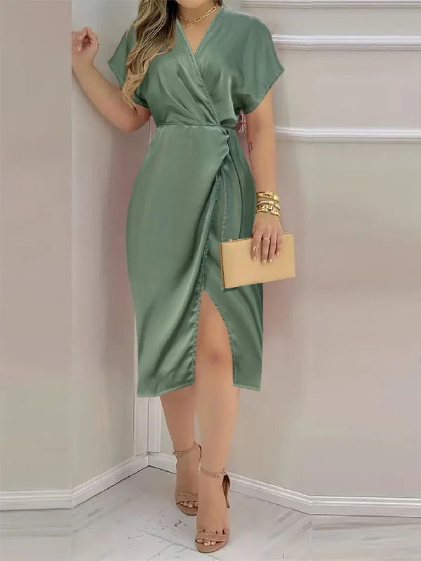 Early Bird Discount sleek midi dressSlit Surplice Short Sleeve Dress