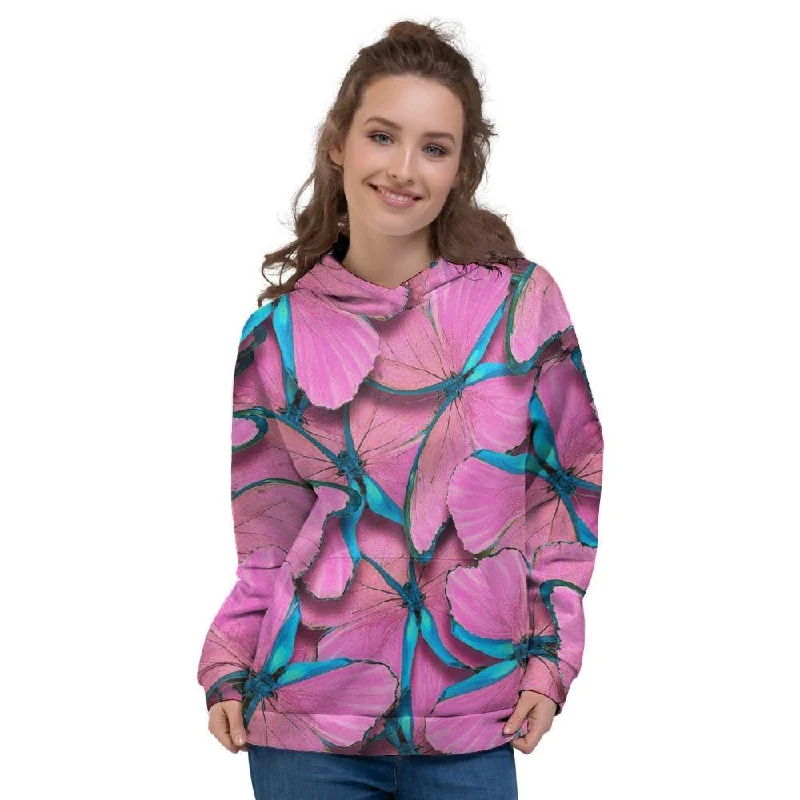 Blowout Sale Pink And Blue Butterfly Print Women's Hoodie