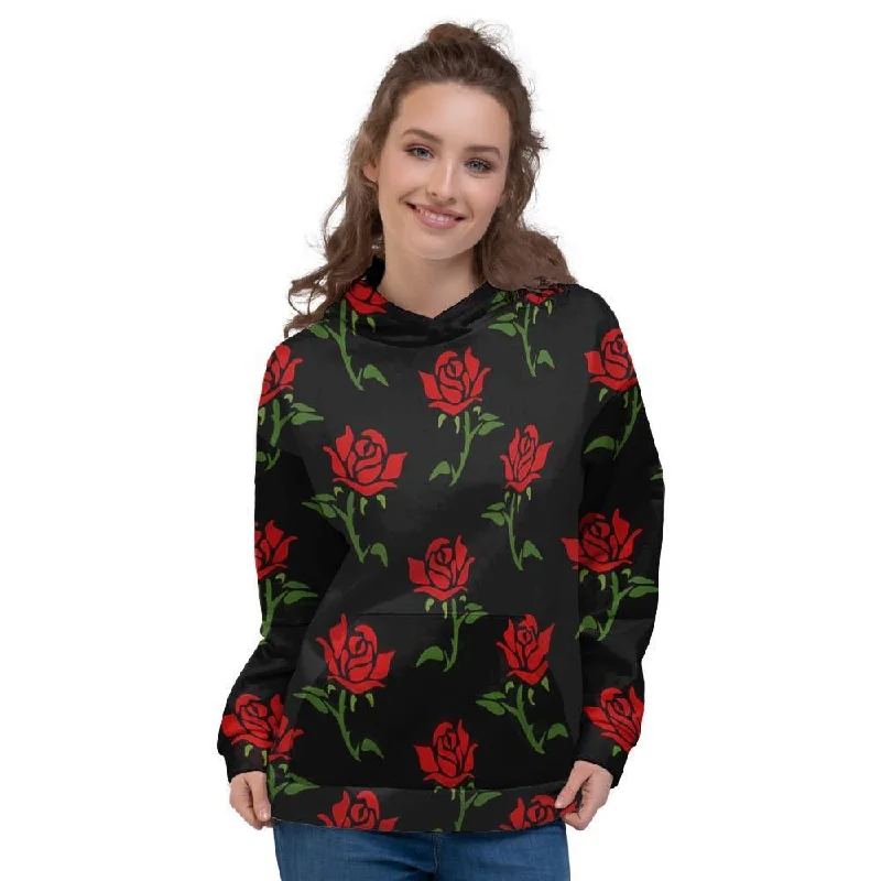 Midnight Madness Red Doodle Rose Floral Women's Hoodie