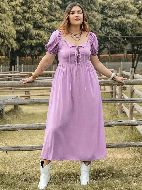New Deals floral midi dressPlus Size Tie Neck Short Sleeve Dress