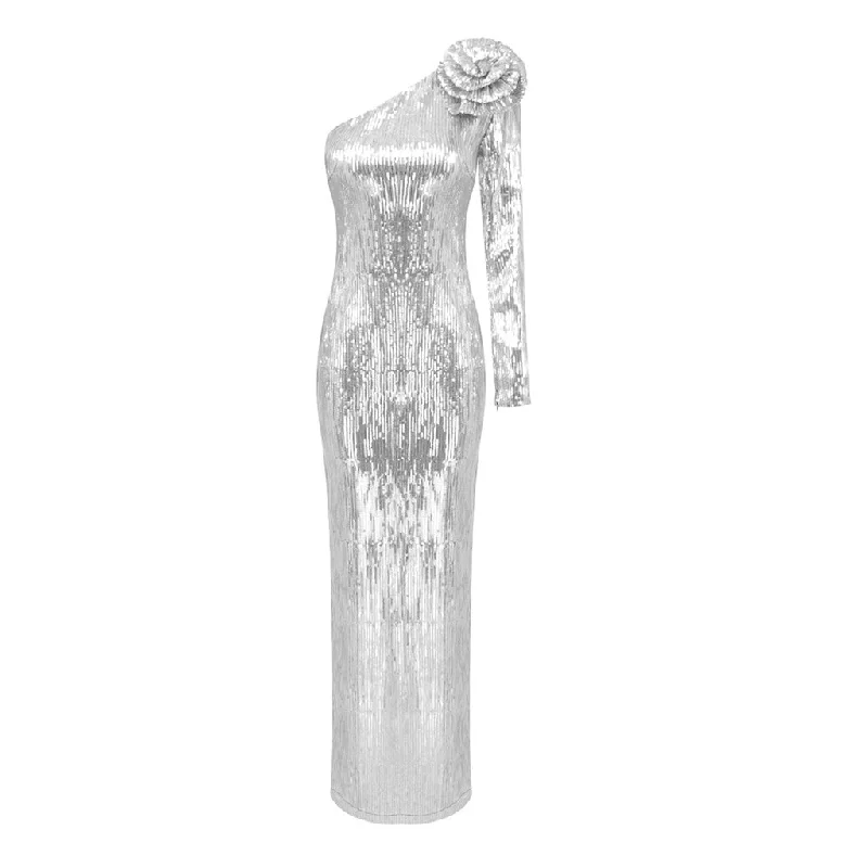 Incredible Offers fitted cocktail dressSparkly Sequin Rosette One Shoulder Long Sleeve Split Maxi Evening Dress
