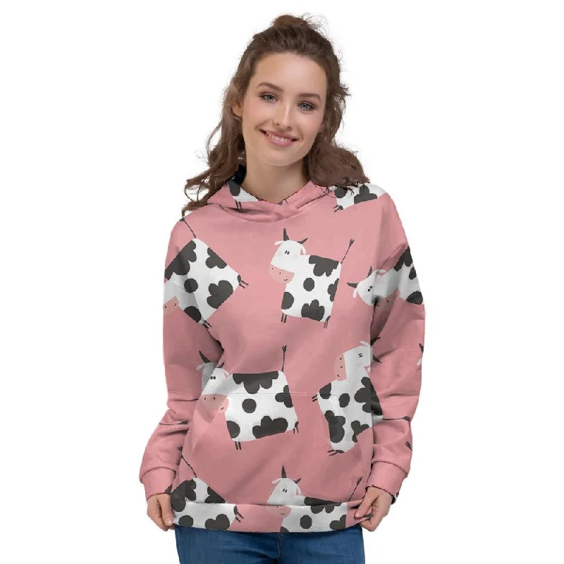 Early Bird Discount Pink Cow Pattern Print Women's Hoodie