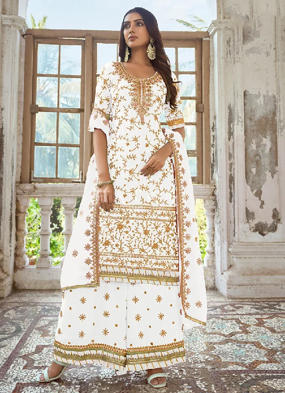 Instant Savings lace-up dressOff White Embroidery Traditional Georgette Palazzo Suit