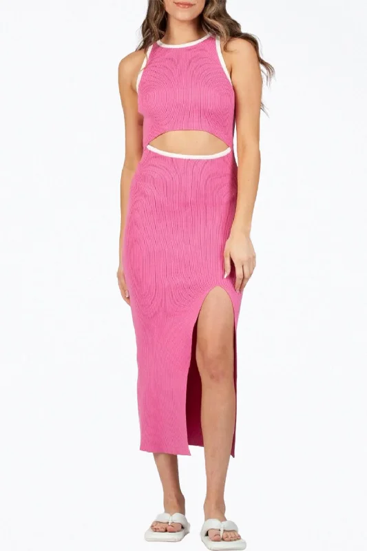 Time-Limited Offer casual evening dressDenise Ribbed-Knit Cutout Midi Dress In Bubblegum Pink
