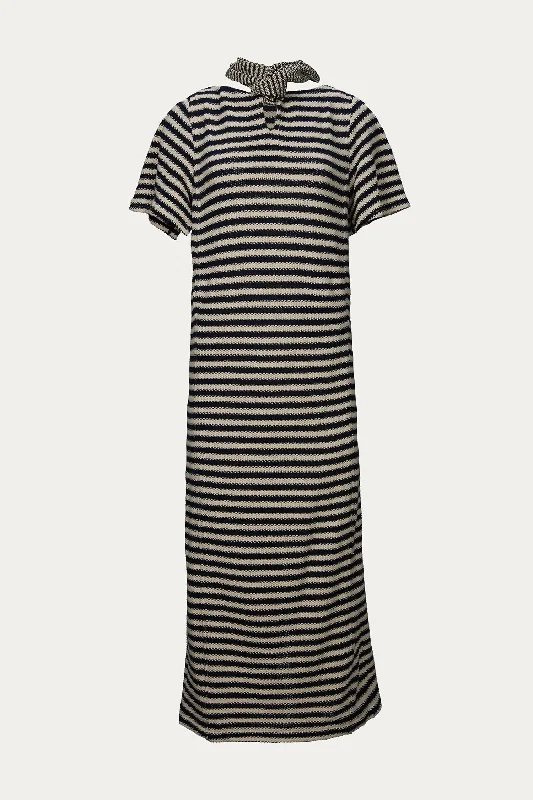 Amazing Deals off-the-shoulder dressSicilia Short Sleeve Tie Back Dress In Navy/beige Stripe