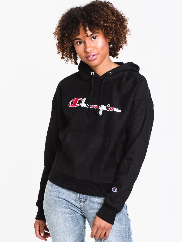 Online Exclusive WOMENS 3COLOUR SCRIPT PULLOVER HOODIE- BLK - CLEARANCE
