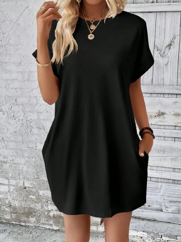 Huge Discounts flowy dressPocketed Round Neck Short Sleeve Dress