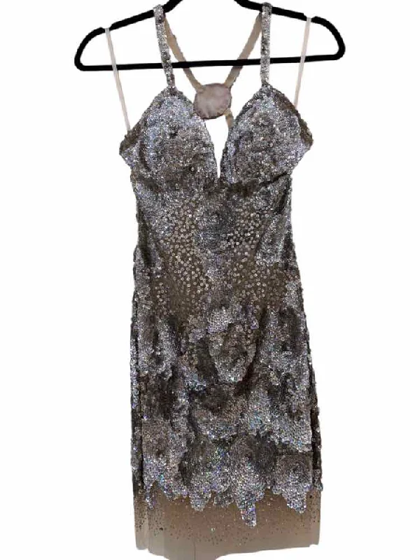 Low Prices wool dressJovani Sequined Illusion Sheath Dress Silver Size 6 Dress