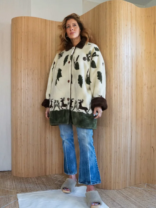 Exclusive Offers breathable bomber jacketVintage Plush Fleece Deer Motif Jacket