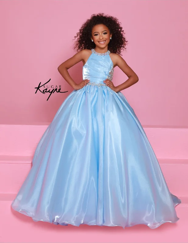 Huge Discounts pleated dressSugar Kayne C379 Girls Long Pageant Dress Ballgown Shimmer High Neck A Line Beaded