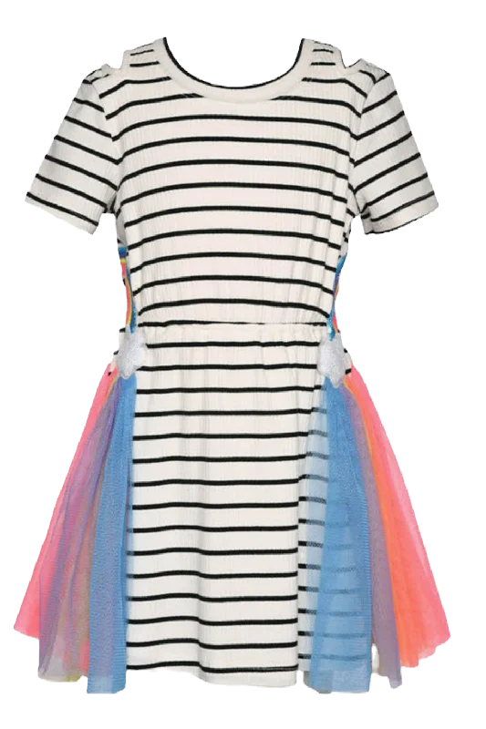 Limited Availability one-shoulder dressBaby Sara - Striped Cut Out Rainbow Cloud Mesh Dress