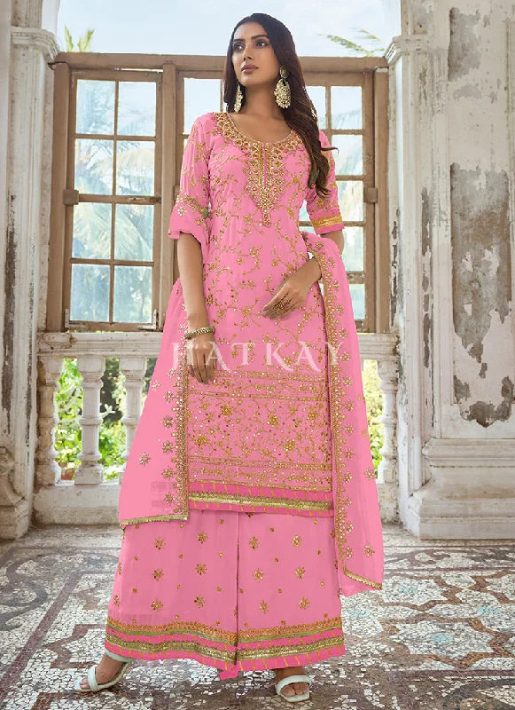 Limited Time Discount flowy evening dressLight Pink Embroidery Traditional Georgette Palazzo Suit