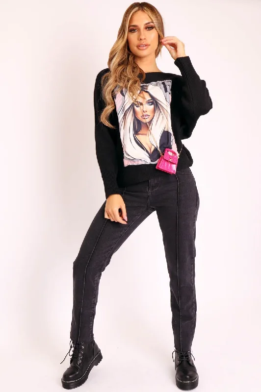 Special Promotion breathable pullover sweatshirtBlack Vogue Graphic Slouchy Knit Jumper - Janel