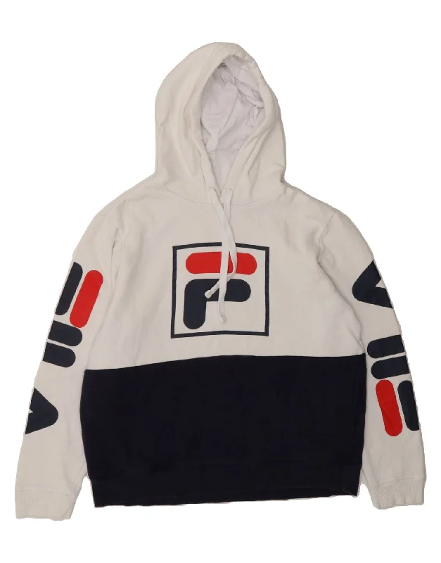 Super Bargain FILA Mens Graphic Hoodie Jumper Small Navy Blue Colourblock Cotton