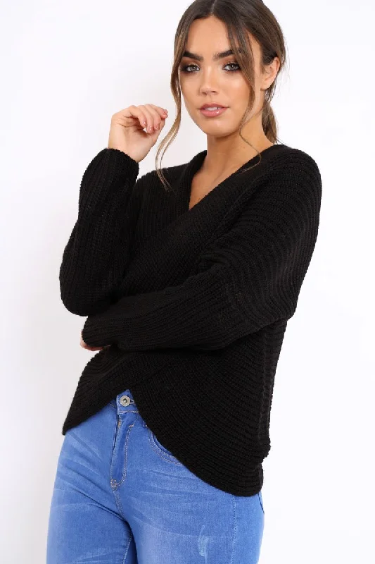 Exclusive Access classic pulloverBlack Wrap Front Cable Knit Jumper - Melia
