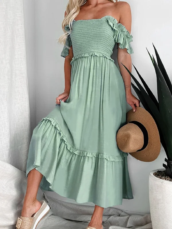 Special Price modern dressFrill Smocked Off-Shoulder Ruffle Sleeve Dress
