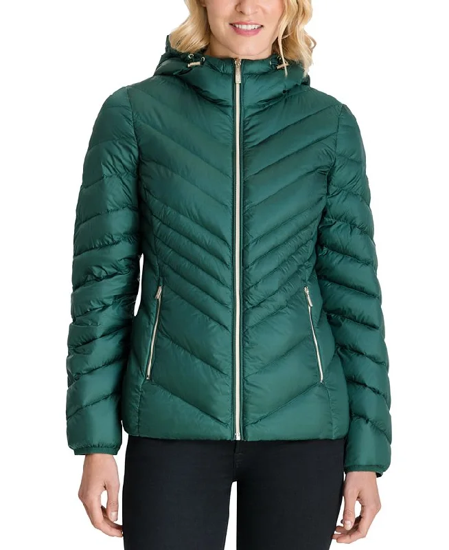 Deep Discounts athletic windbreakerMichael Michael Kors Women's Green Chevron Double Layer Zipper 3/4 Hooded Packable Coat