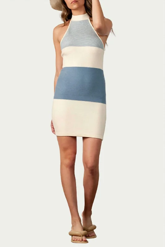 Bargain Blast denim dressCandytuft Knitted Halterneck Mini Dress In Ivory/blue