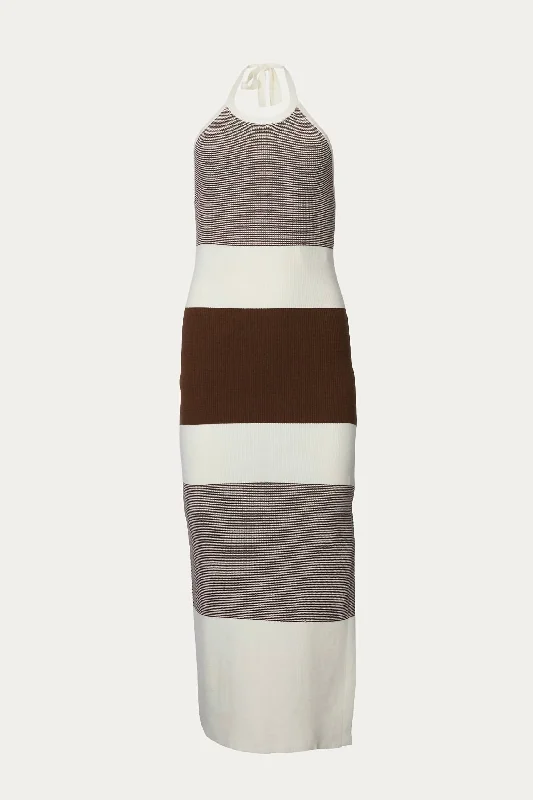 Special Promotion trendy dressHalterneck Ribbed-Knit Midi Dress In Ivory/dark Chocolate
