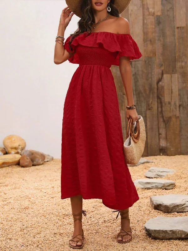 Sale Event winter dressSlit Off-Shoulder Short Sleeve Midi Dress