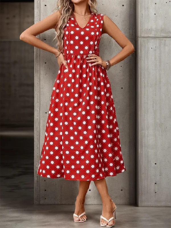 Huge Savings sophisticated dressPrinted V-Neck Sleeveless Midi Dress