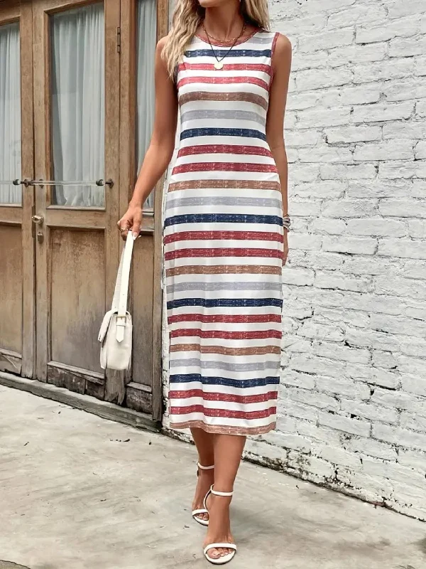 Act Now off-shoulder dressSlit Striped Round Neck Tank Dress