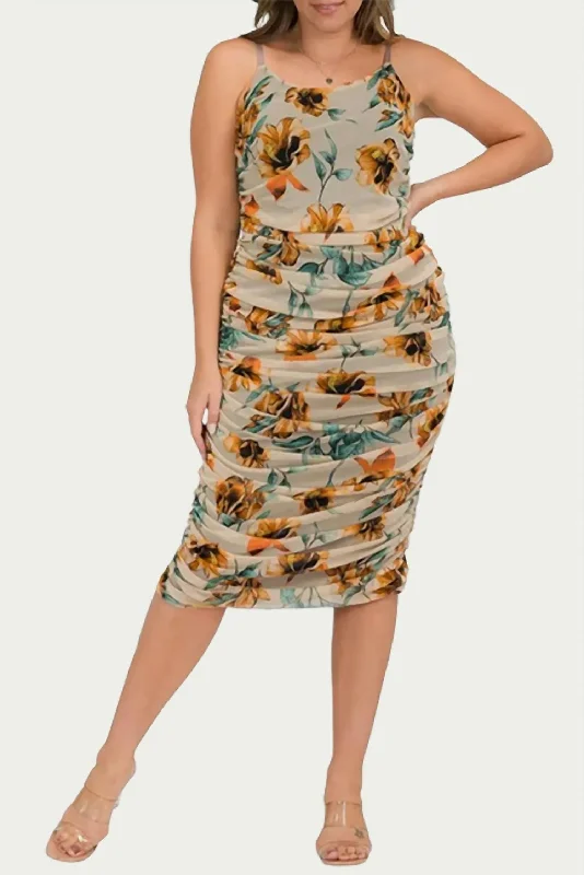 Weekend Flash Sale v-neck dressFloral Ruched Mesh Midi Dress In Taupe